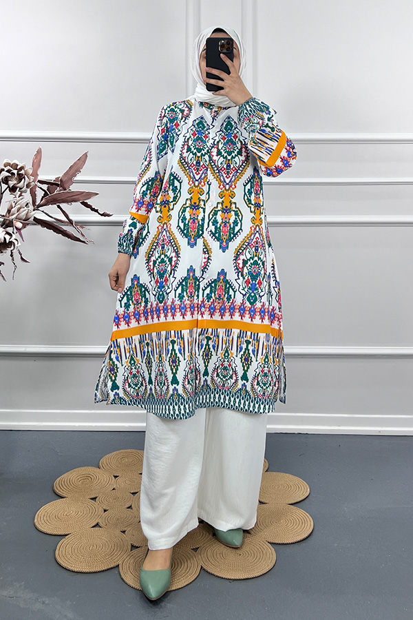 Etnik Desen Tunik - Beyaz
