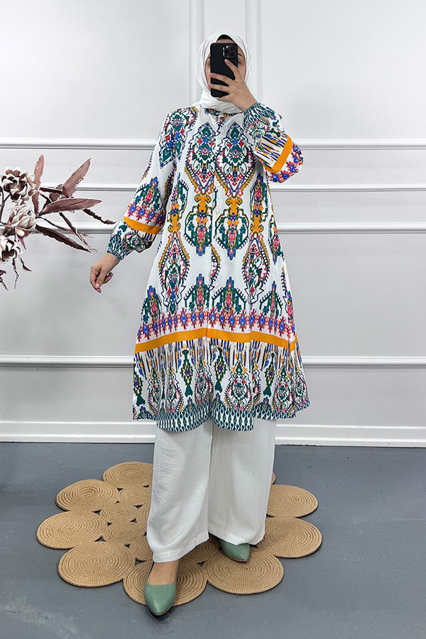 Etnik Desen Tunik - Beyaz
