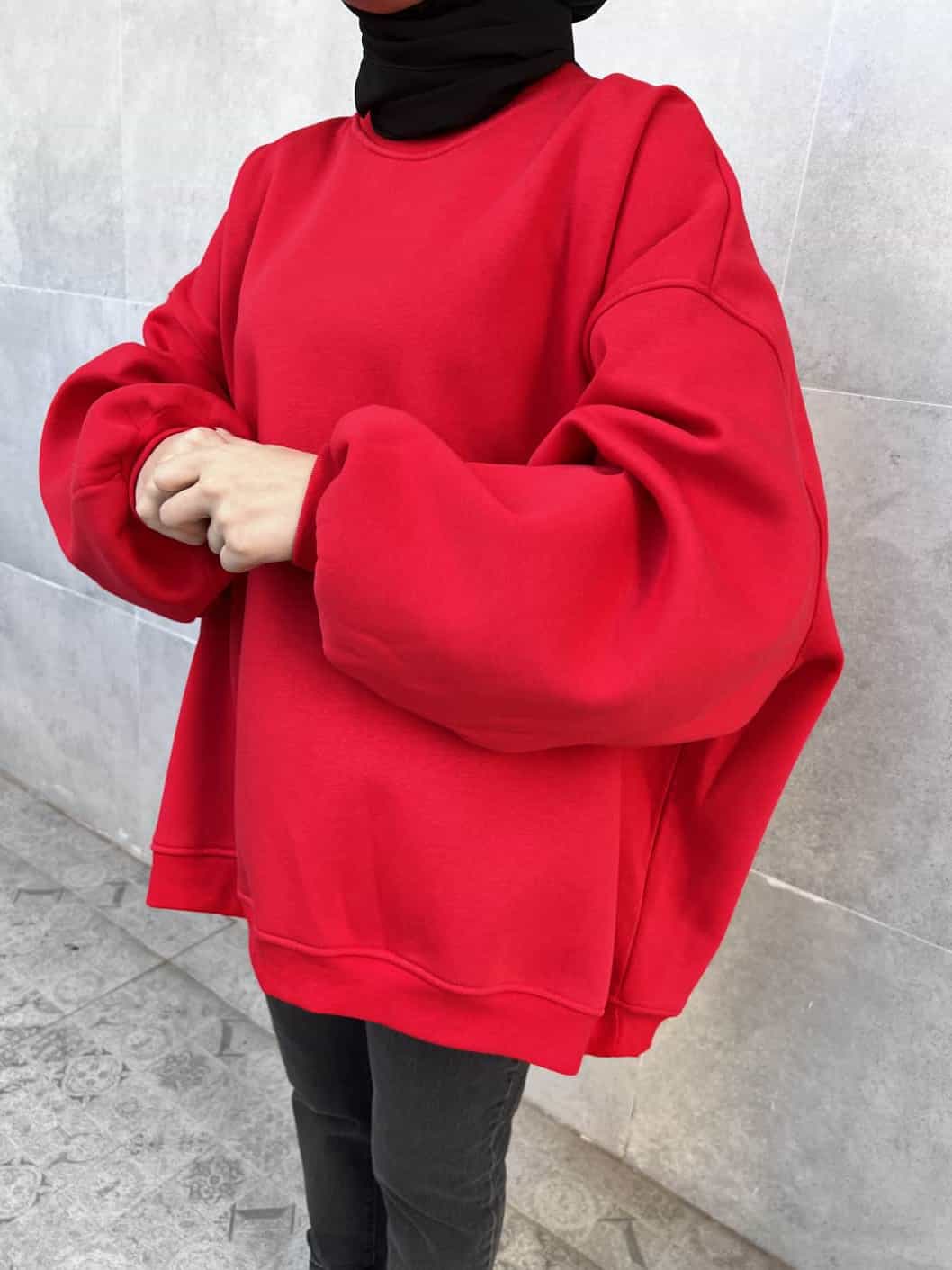 Extra Oversize Üç İplik Şardonlu Sweatshirt - Kırmızı