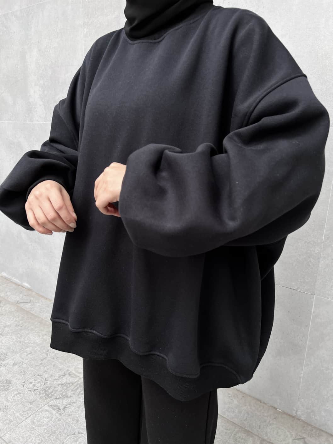 Extra Oversize Üç İplik Şardonlu Sweatshirt - Siyah