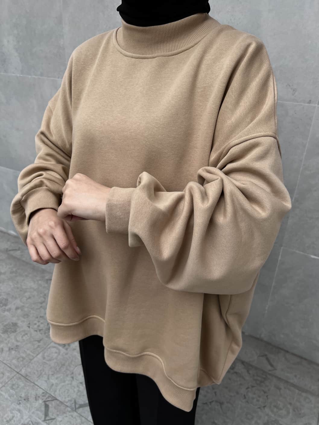 Extra Oversize Üç İplik Şardonlu Sweatshirt - Vizon