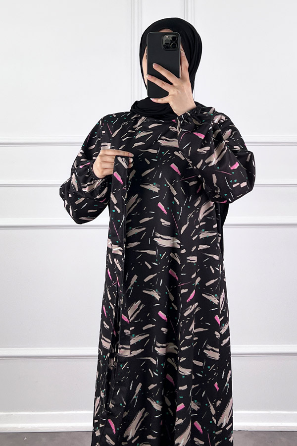 Fırça Desenli Elbise - Siyah