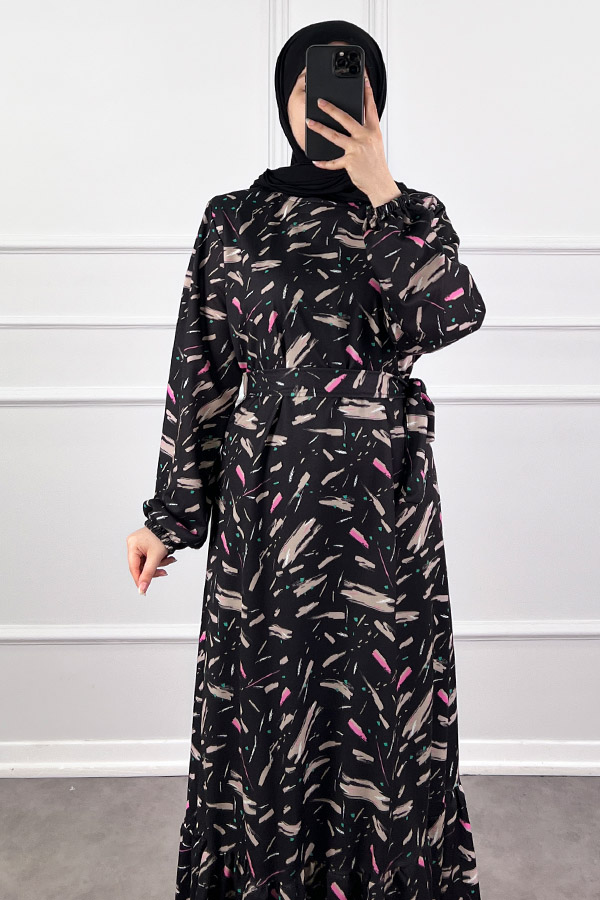 Fırça Desenli Elbise - Siyah