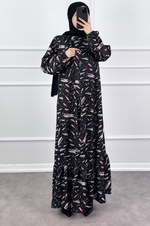 Fırça Desenli Elbise - Siyah