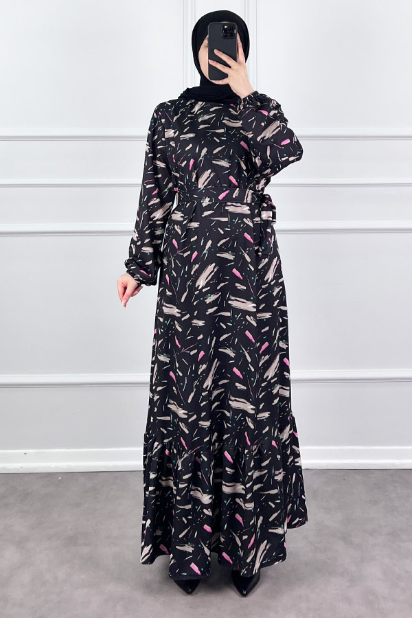 Fırça Desenli Elbise - Siyah