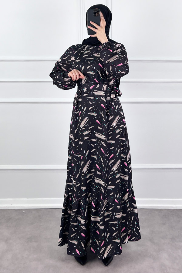 Fırça Desenli Elbise - Siyah