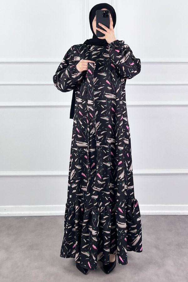 Fırça Desenli Elbise - Siyah