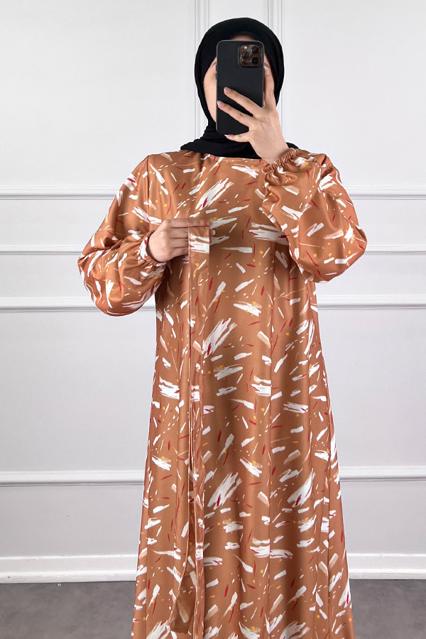 Fırça Desenli Elbise - Sütlü Kahve