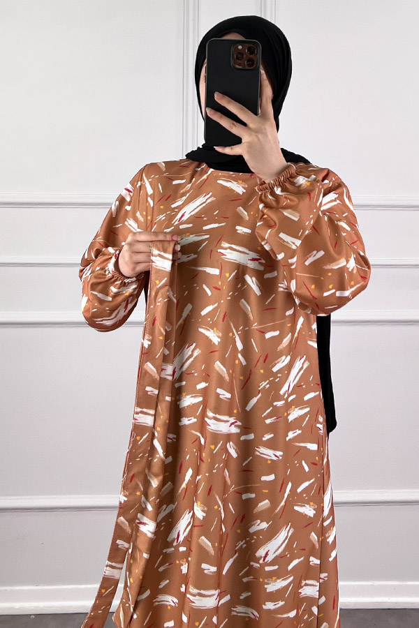 Fırça Desenli Elbise - Sütlü Kahve