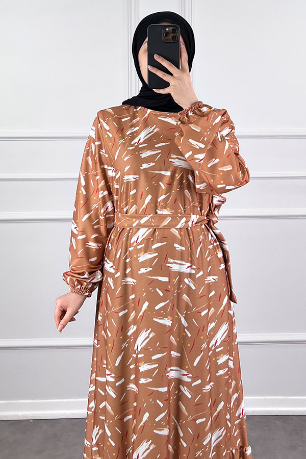 Fırça Desenli Elbise - Sütlü Kahve