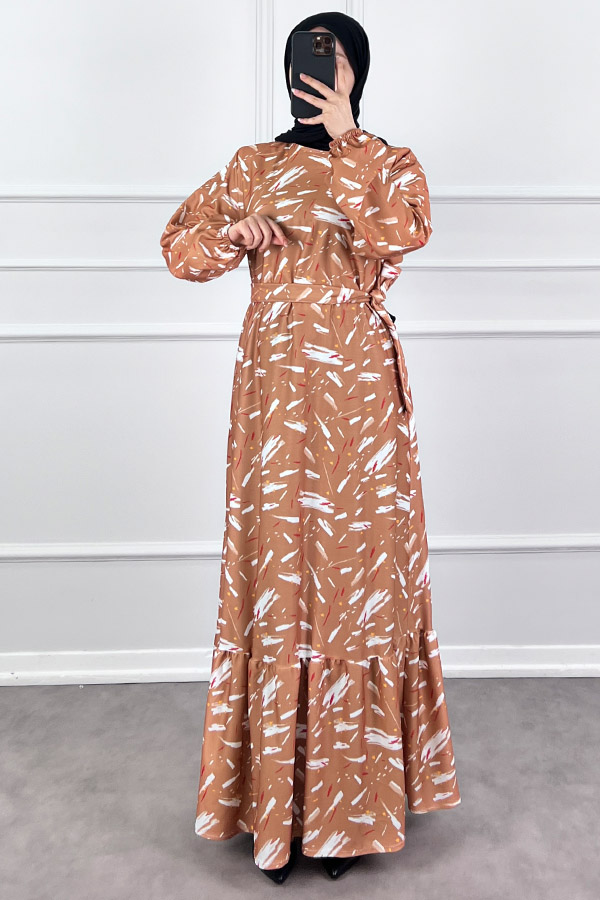 Fırça Desenli Elbise - Sütlü Kahve