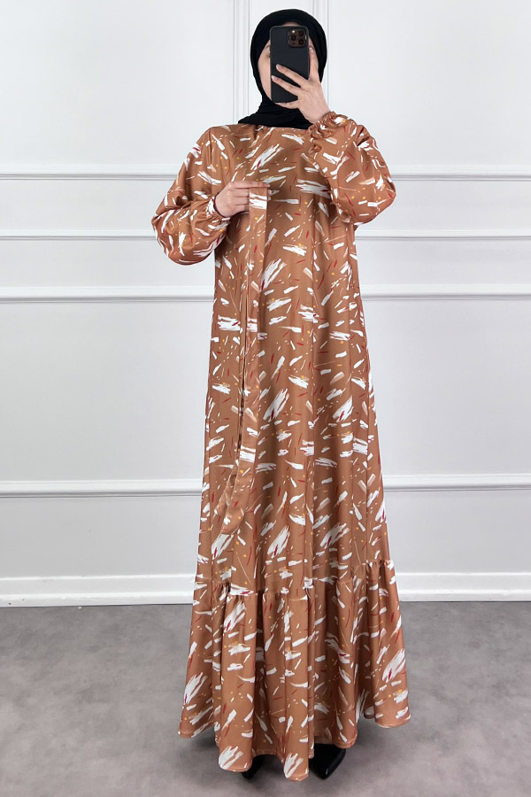 Fırça Desenli Elbise - Sütlü Kahve