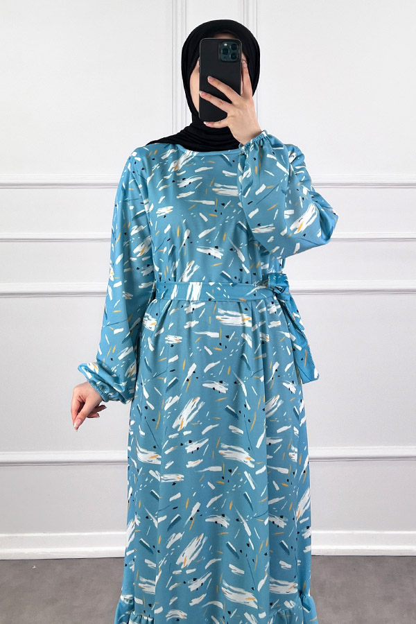 Fırça Desenli Elbise - Turkuaz