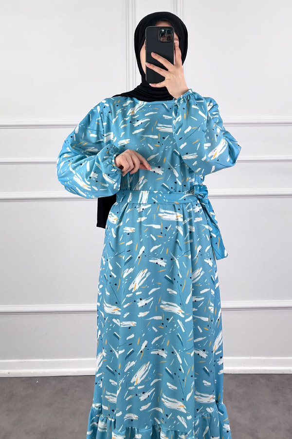 Fırça Desenli Elbise - Turkuaz