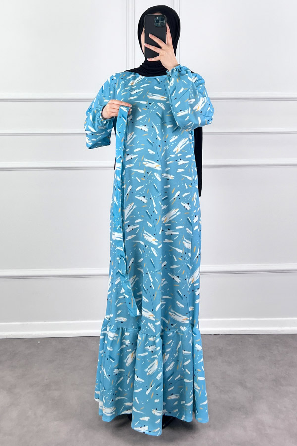 Fırça Desenli Elbise - Turkuaz