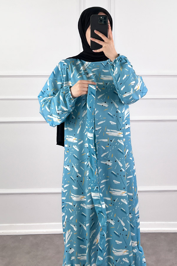 Fırça Desenli Elbise - Turkuaz