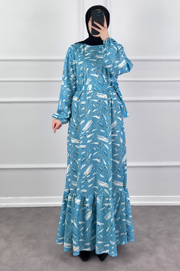 Fırça Desenli Elbise - Turkuaz