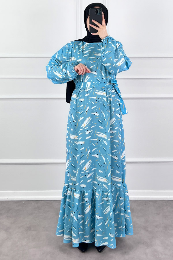 Fırça Desenli Elbise - Turkuaz