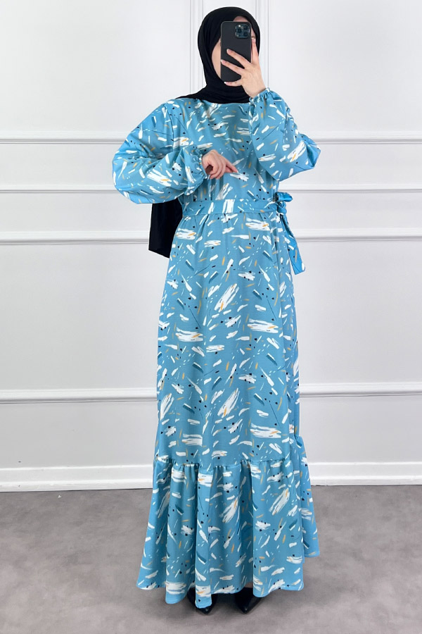 Fırça Desenli Elbise - Turkuaz