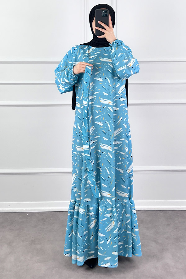 Fırça Desenli Elbise - Turkuaz