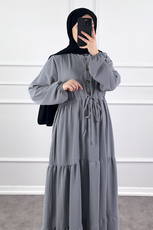Fırfır Detaylı Ayrobin Elbise - Gri