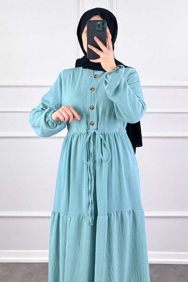 Fırfır Detaylı Ayrobin Elbise - Turkuaz