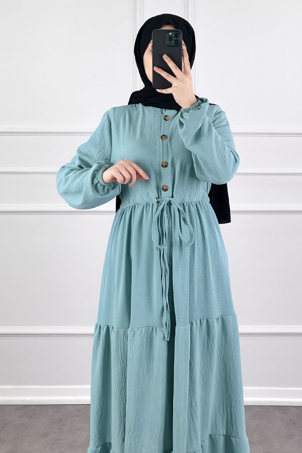 Fırfır Detaylı Ayrobin Elbise - Turkuaz