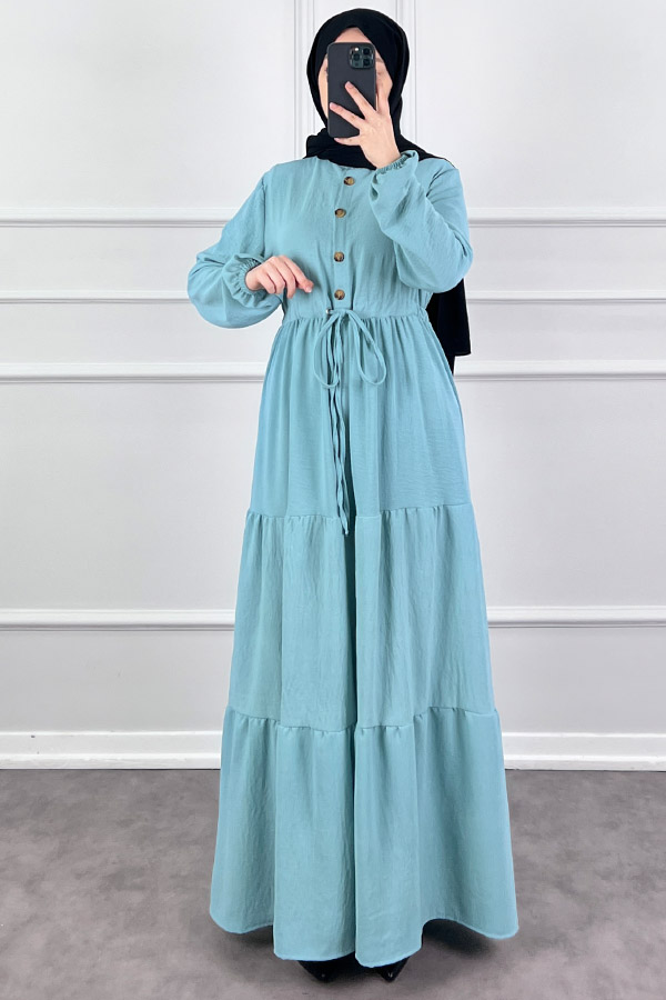 Fırfır Detaylı Ayrobin Elbise - Turkuaz