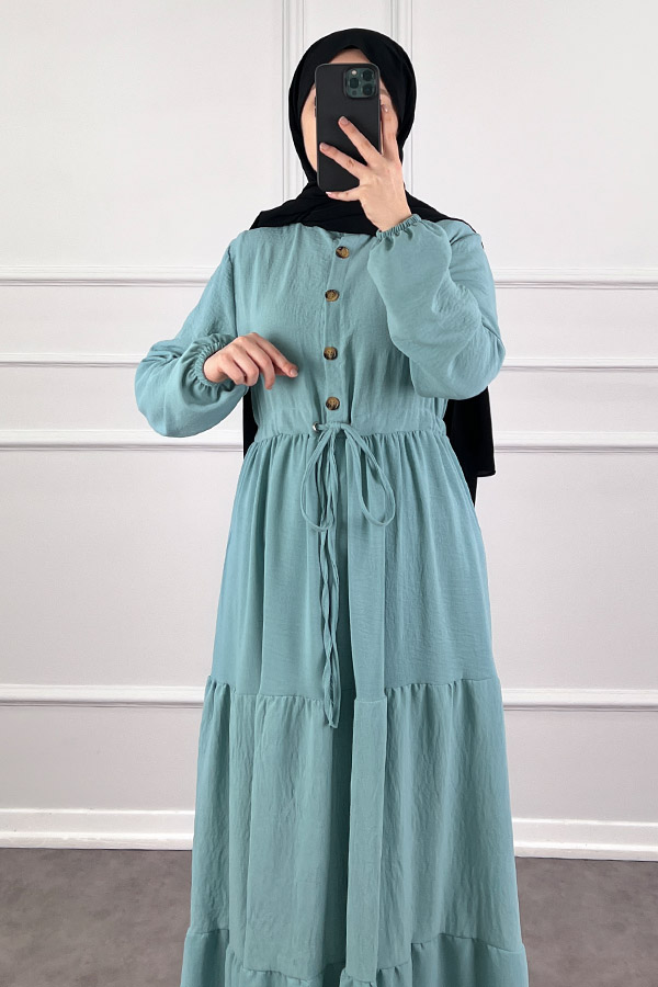 Fırfır Detaylı Ayrobin Elbise - Turkuaz