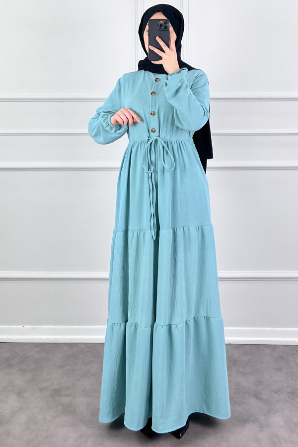 Fırfır Detaylı Ayrobin Elbise - Turkuaz