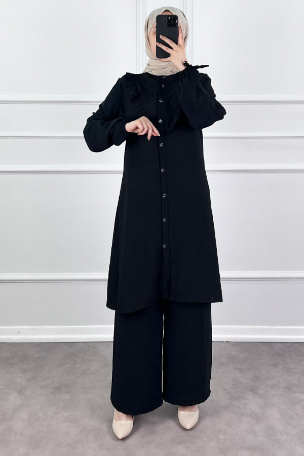 Fırfır Detaylı İkili Takım - Siyah