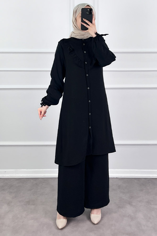 Fırfır Detaylı İkili Takım - Siyah