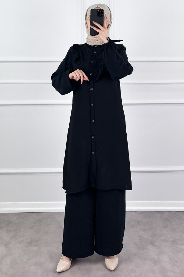 Fırfır Detaylı İkili Takım - Siyah