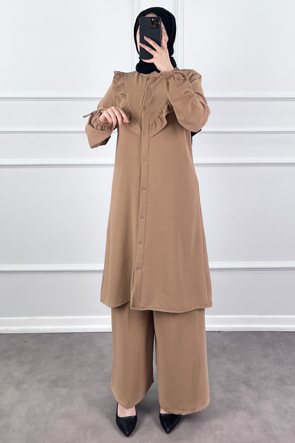 Fırfır Detaylı İkili Takım - Vizon