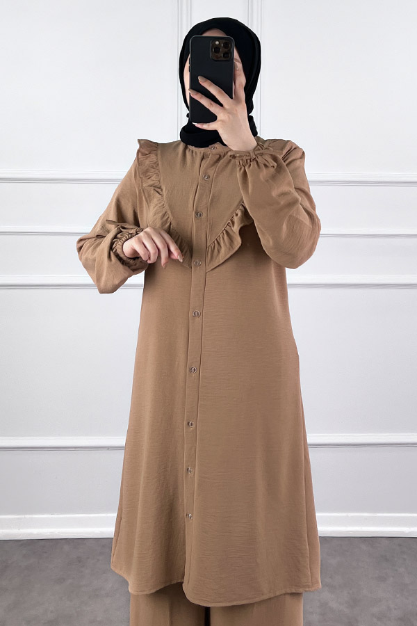 Fırfır Detaylı İkili Takım - Vizon