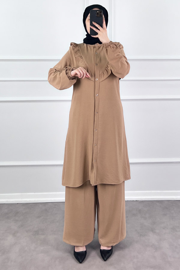 Fırfır Detaylı İkili Takım - Vizon