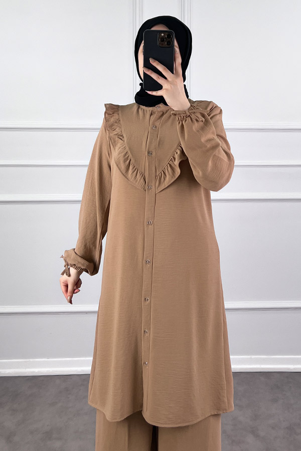 Fırfır Detaylı İkili Takım - Vizon