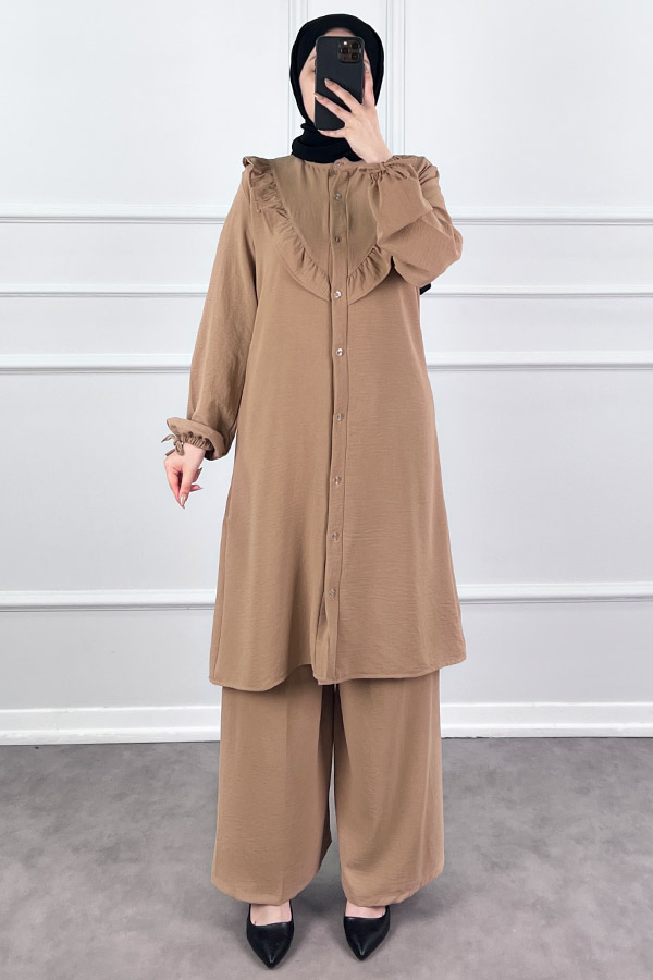 Fırfır Detaylı İkili Takım - Vizon