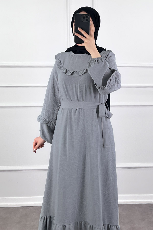 Fırfır Detaylı Tesettür Elbise - Gri