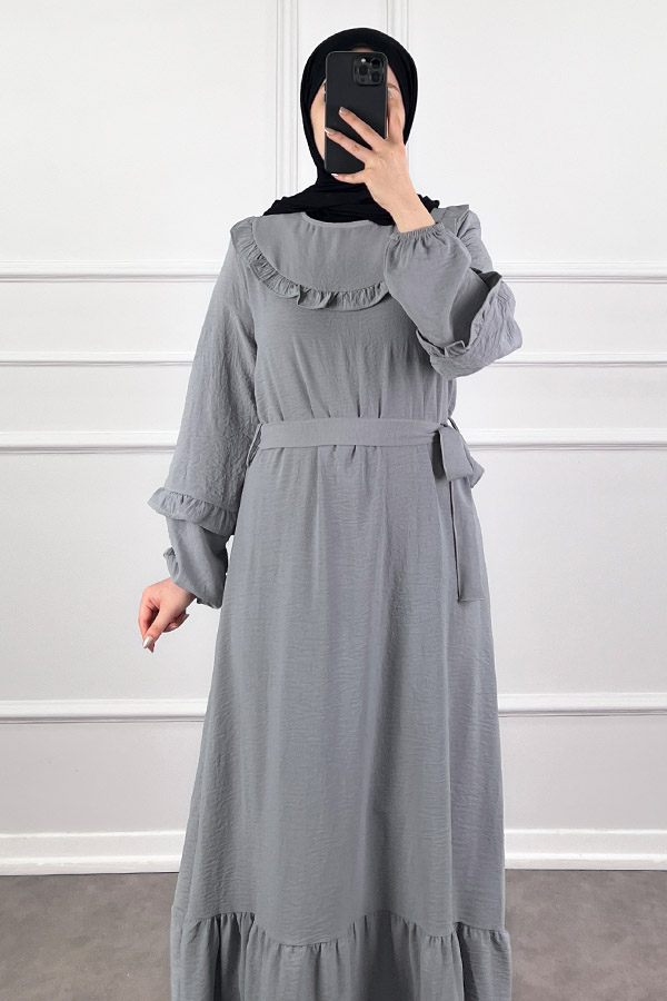 Fırfır Detaylı Tesettür Elbise - Gri