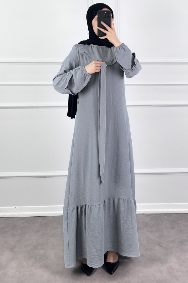 Fırfır Detaylı Tesettür Elbise - Gri