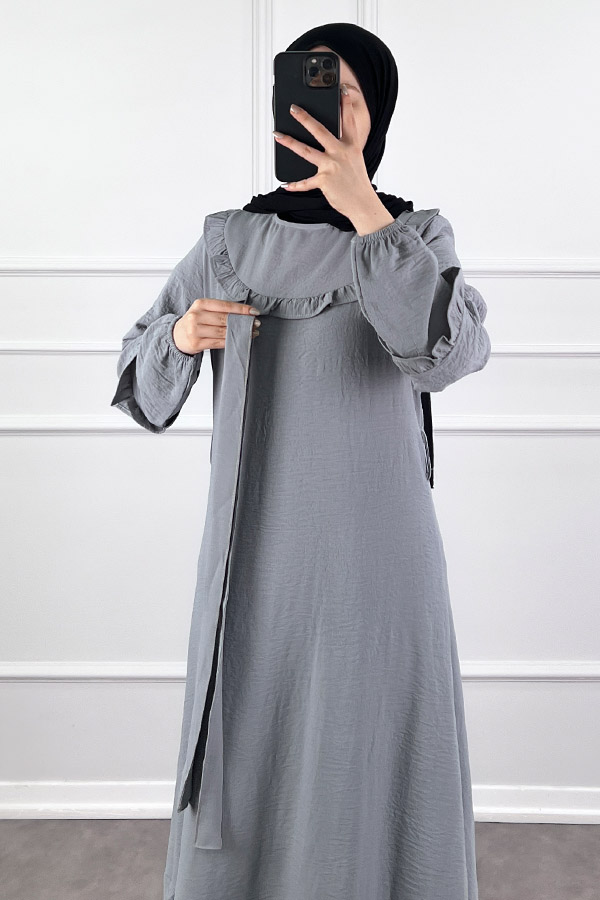 Fırfır Detaylı Tesettür Elbise - Gri