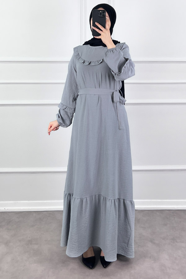 Fırfır Detaylı Tesettür Elbise - Gri