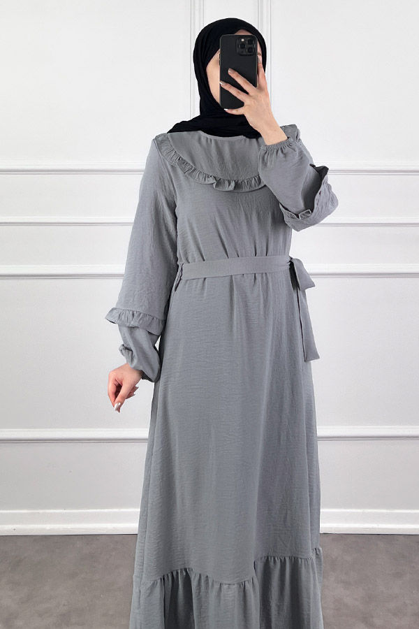 Fırfır Detaylı Tesettür Elbise - Gri