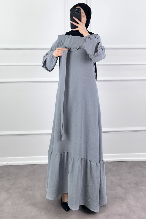 Fırfır Detaylı Tesettür Elbise - Gri