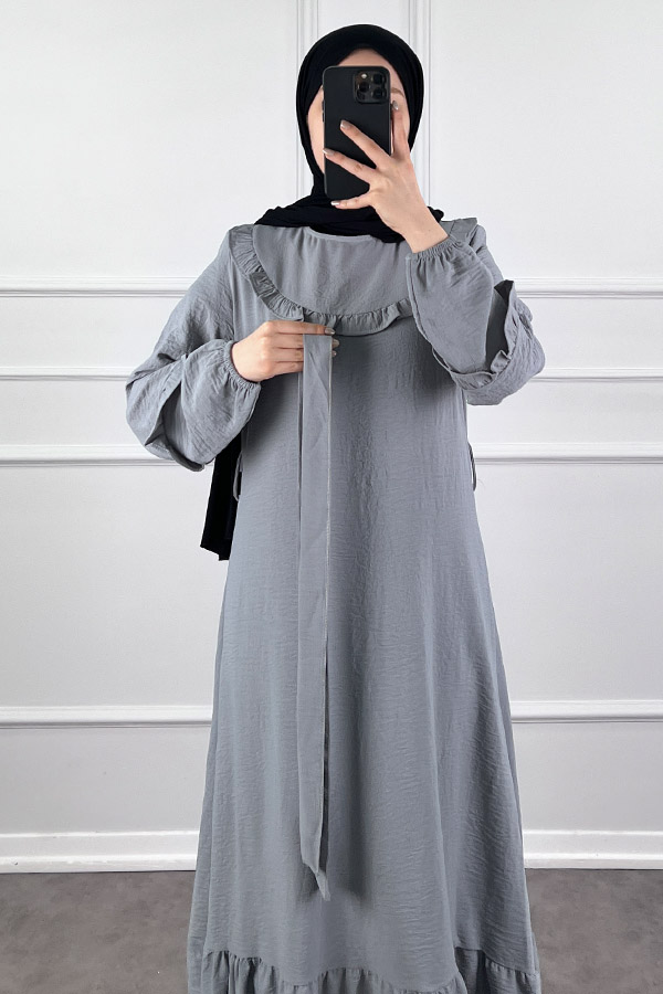 Fırfır Detaylı Tesettür Elbise - Gri