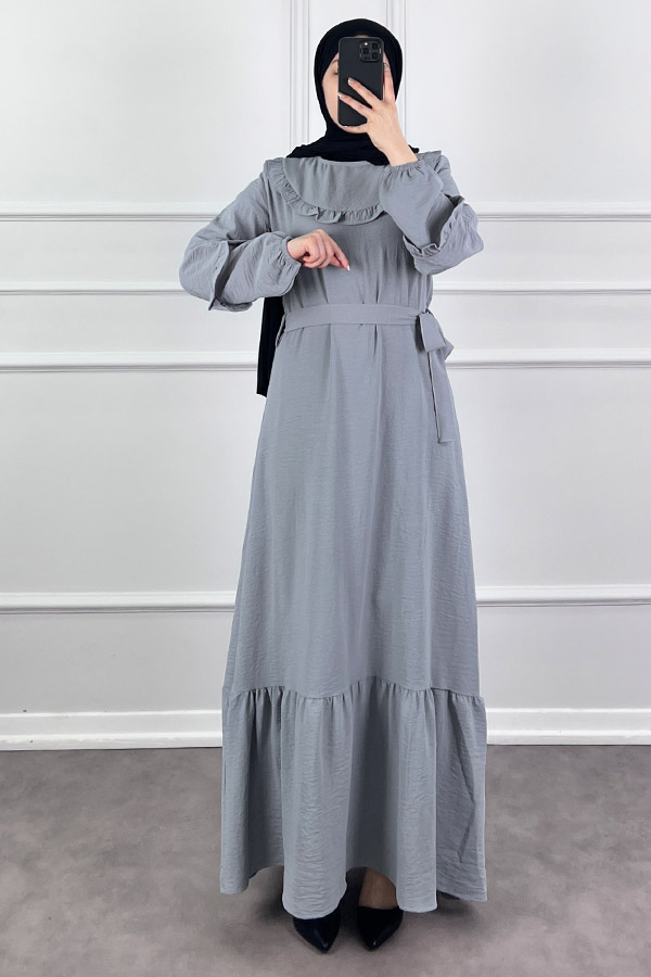 Fırfır Detaylı Tesettür Elbise - Gri