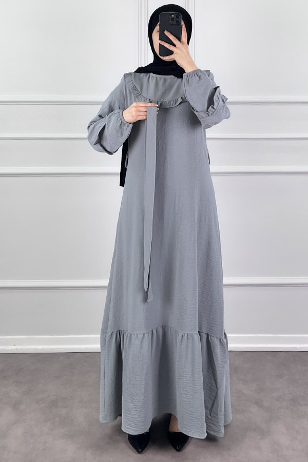 Fırfır Detaylı Tesettür Elbise - Gri