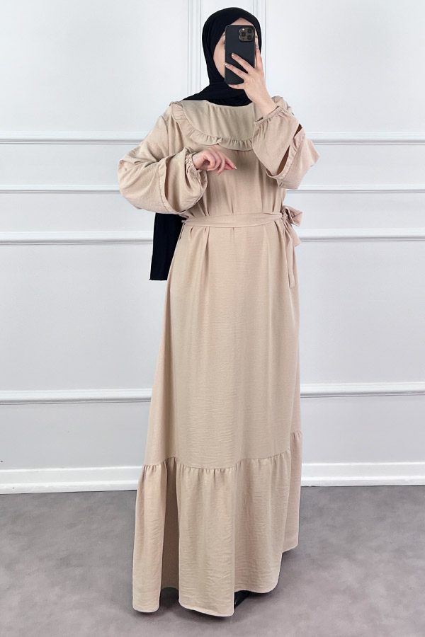 Fırfır Detaylı Tesettür Elbise - Taş