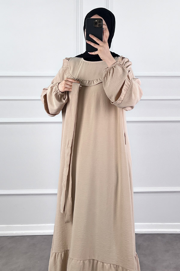 Fırfır Detaylı Tesettür Elbise - Taş